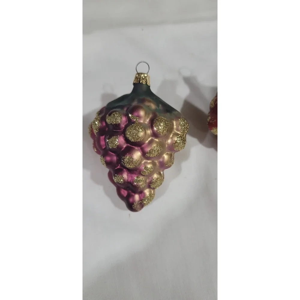 2 Vintage Czech Republic Glass Grape Cluster Christmas Ornaments Glitter